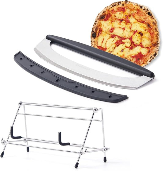 14 Inch Pizza Cutter Rocker with Stainless Steel Stand- Heavy Duty Rocker Cutter Set for Pizza, Pastry, Dough - Kitchen Baking Tool