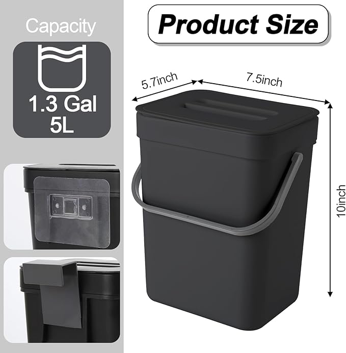 Compost Bin Kitchen, Includes 100 Trash Bags, Hanging Trash Can with Lid, Features Pet-Proof, Odor-Proof, and Quiet Opening/Closing. Suitable for Bathrooms/Bedrooms/Offices (Black, 1.3Gal/5L)