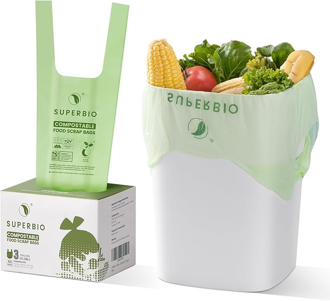 SUPERBIO 3 Gallon Compostable Food Waste Bags, 80 Count, Food Scrap Bags with Handles, ASTM D6400, BPI and OK compost INDUSTRIAL
