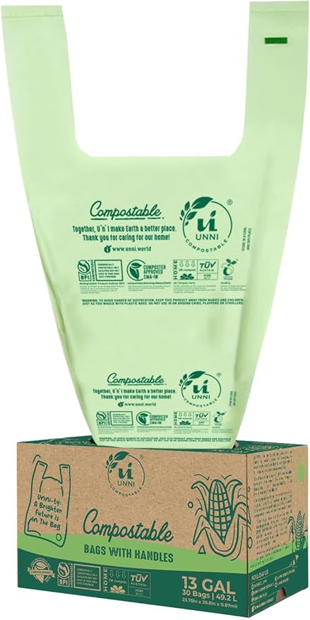 UNNI Compostable T-Shirt Bags with Tie Handles, 13 Gallon / 49.2 Liter, 60 Count - 2 rolls × 30, 0.87 mil Tall Kitchen Compost Liners, Certified by BPI, CMA & OK compost HOME, Meets ASTM D6400