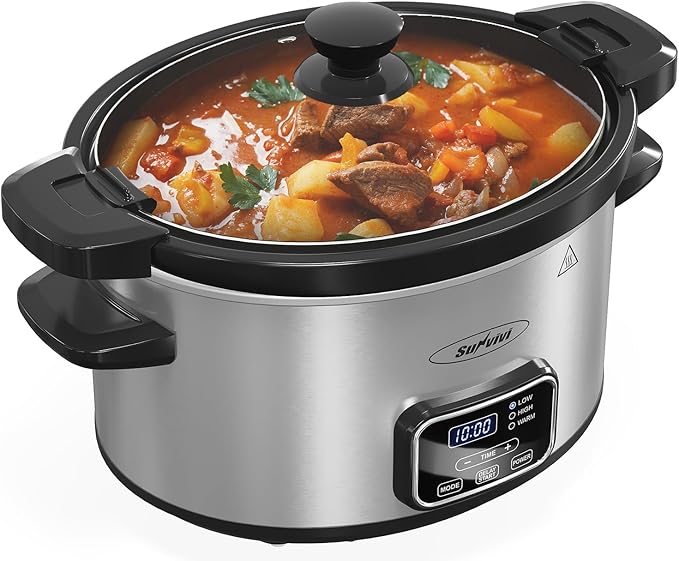Sunvivi 4qt Slow Cooker, Programmable Slow Cooker with Locking Lid, Removable Ceramic Pot, 3 Heating Settings & Time Control, Mini Food Warmer with Dishwasher-safe Lid & Pot, Silver