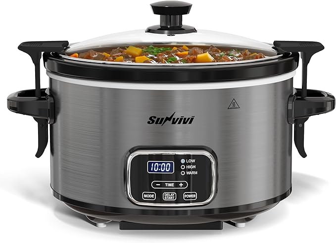 Sunvivi 4QT Slow Cooker, Programmable Pot with Locking Lid, Removable Ceramic Pot, 3 Heating Settings & Time Control,Dishwasher-safe Lid, Grey