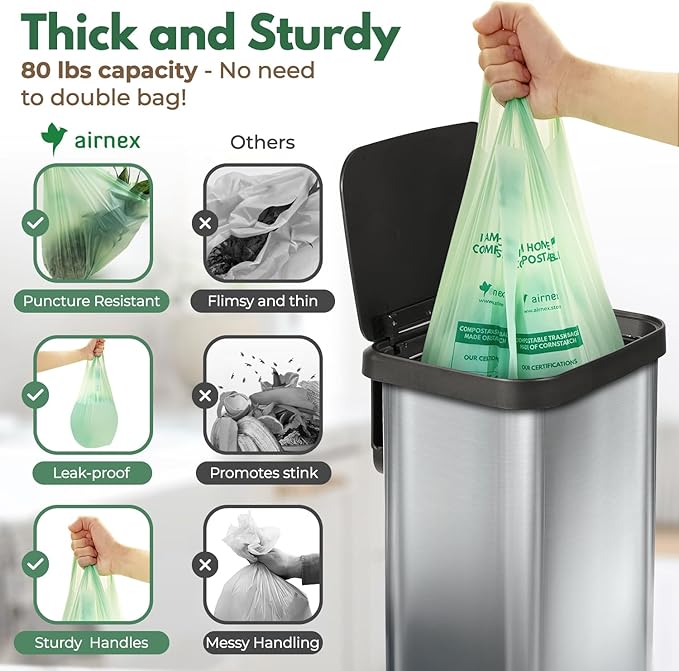Compostable Kitchen Trash Bags 13 Gal - Cornstrarch Leakproof & Tear Resistant 50 Compost Bags - OK Compost Home & Seedling Certified 0.25 mm Kitchen Garbage Bags
