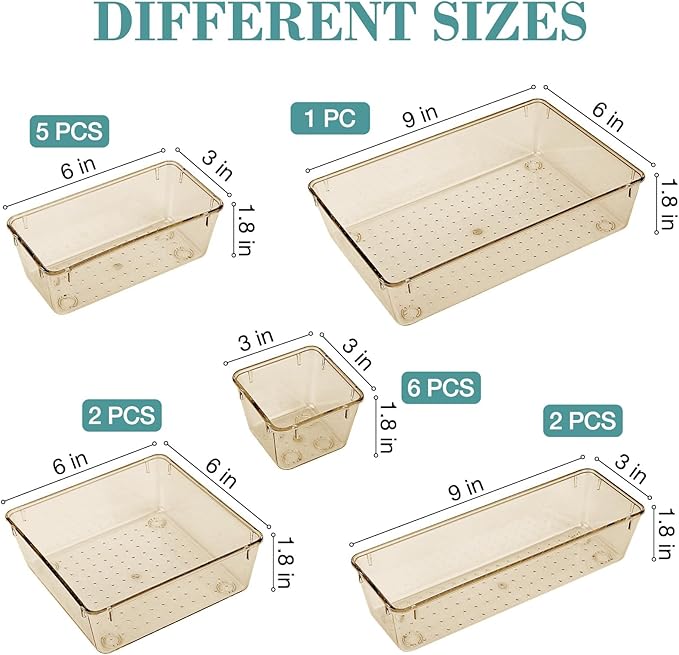 16 PCS Drawer Organizer Set, 5 Varied Size Bathroom and kitchen Drawer cabinet organizer Trays, Clear Storage Bins for Makeup, Jewelry, Utensils and Gadgets, Champagne