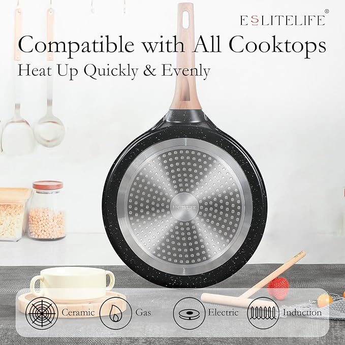 ESLITE LIFE Nonstick Crepe Pan Set with Spreader, 9.5 & 11 Inch Granite Coating Flat Skillet Dosa Tawa Comales Para Tortillas Pancake Pan, PTFE & PFOA Free, Black