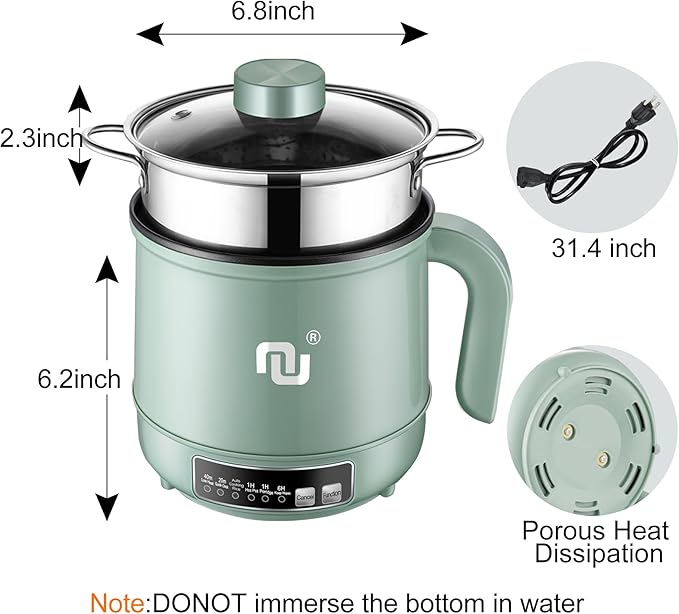 Smart Mini Hot Pot with Timer and Automatic Shut Off 1.2L Non-Stick Rapid Noodle Cooker w Stainless Steel Steamer Basket 600W Quick Cook 5 Cooking Modes for Soup, Rice (1cup) , Porridge, Pasta Great for 1-2 Persons (Green)