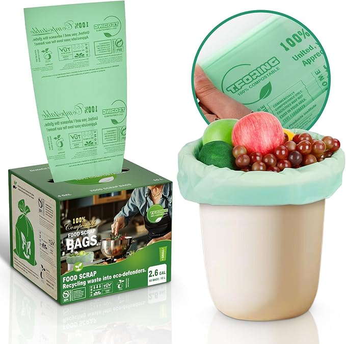 Small Compost Bags 2.6 Gallon - 80 Count 0.8 Mil Thick Compostable Trash Bags for Countertop Bin, ASTM D6400, US BPI, CMA and Europe OK compost HOME Certified