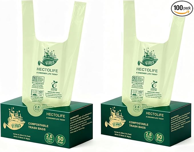 2.6 Gallon 100 Count,Compostable Bags Handle Tie,Tear Resistant Kitchen Food Scrap Waste Bag, ASTM D6400, US BPI and Europe OK Compost Home Certified