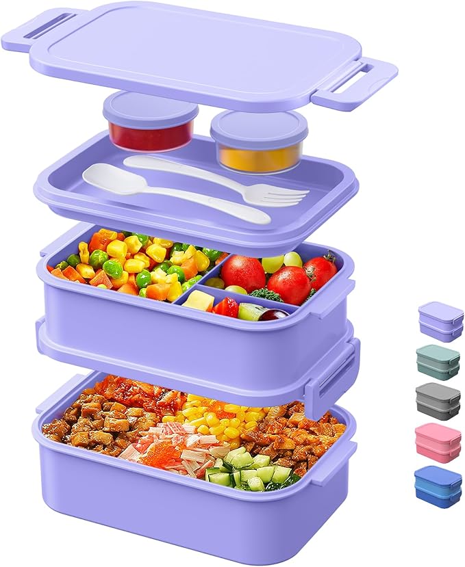 Lunch Box Adults Bento Box - 74 OZ All-in-One Stackable Lunch Box Containers for Adult Large Bento Box with Fork Spoon Sauce Boxes, Leakproof Lunchbox for Work School Dining Out,Macaron-Color
