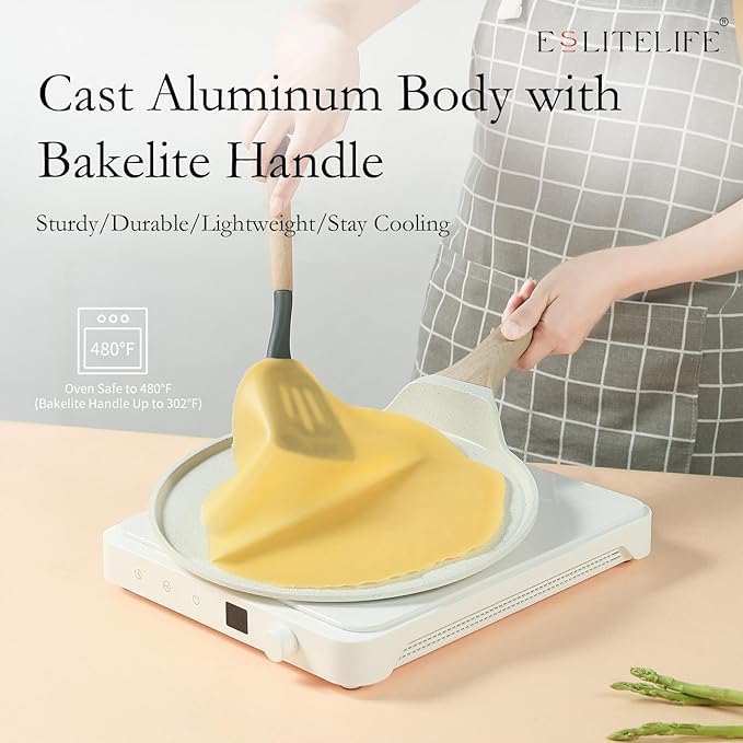 ESLITE LIFE 9.5 Inch Crepe Pan with Spreader, Nonstick Ceramic Coating Dosa Pan, Roti Tawa Comal Para Tortillas Pancake Griddle Pan, Induction Compatible, PTFE & PFOA Free, White