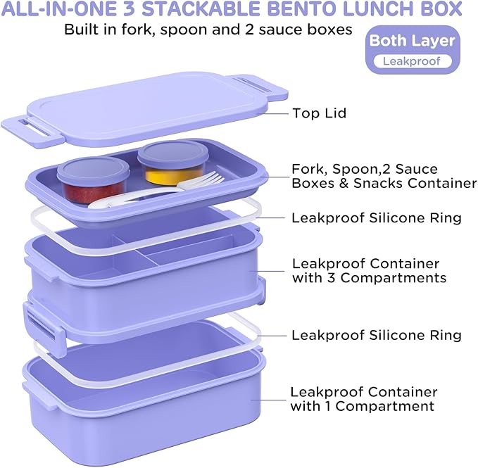 Lunch Box Adults Bento Box - 74 OZ All-in-One Stackable Lunch Box Containers for Adult Large Bento Box with Fork Spoon Sauce Boxes, Leakproof Lunchbox for Work School Dining Out,Macaron-Color