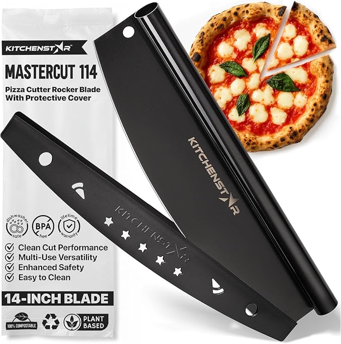 KitchenStar 14-Inch Pizza Cutter Rocker Blade - Sharp Stainless Steel Slicer Knife, Protective Cover, Black, Large - Professional Pizza Oven Accessories