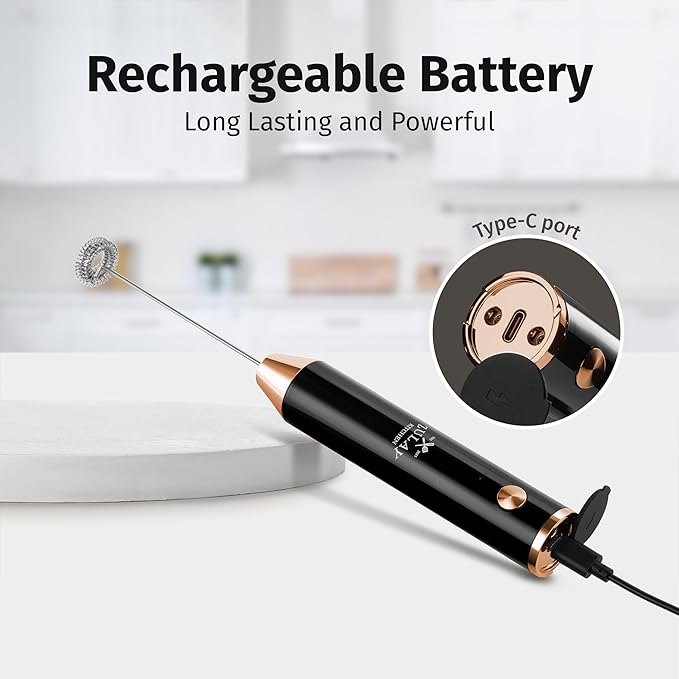 Zulay Kitchen Rechargeable Milk Frother Handheld - Lux 4 Whisks, Powerful 2-Speed Motor, Waterproof, 2000mAh Battery - Drink Mixer for Latte, Cappuccino, Matcha & Protein Powder - Jet Black Copper