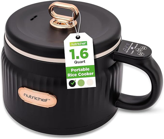 NutriChef 1.6 QT Portable Electric Rice Cooker & Lunch Maker | Multi-Functional & Non-Stick Ceramic Coating | Digital Control Panel | 6 Cook Functions: Rice, Soup, Stew, Porridge & More | Black