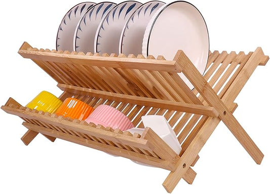SZUAH Collapsible Bamboo Dish Drying Rack - 2 Tier Space Saving Kitchen Counter Organizer, Holds 19 Plates, Bowls & Utensils (17.8"x10.23"x9.25")