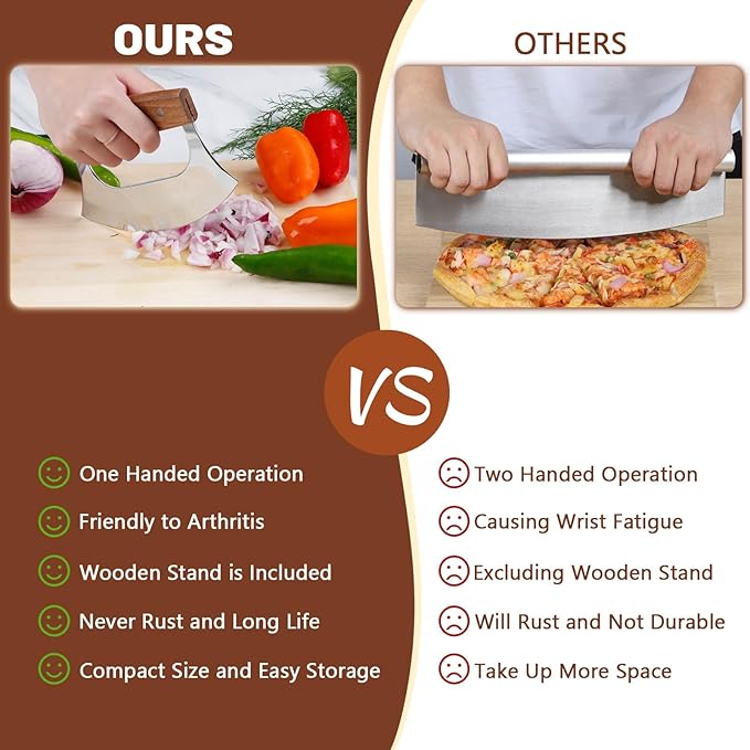 KAYCROWN Ulu Knife, Sharp Rocker Mezzaluna Knife with Wooden Stand, Alaskan Ulu for Pizza Cutter, Vegetable, Salad, Mezzaluna Chopper