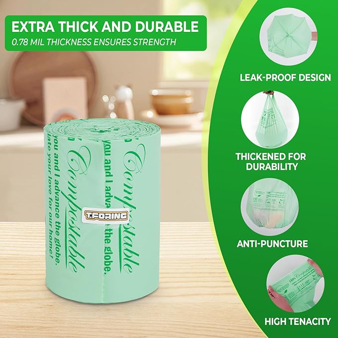 1.6 Gallon Handle Tie Compostable Food Scrap Bags For Counter Top Compost Bin, Small Compost Bags, 80 Count, 6 Liter, BPI & OK compost INDUSTRIAL Certified