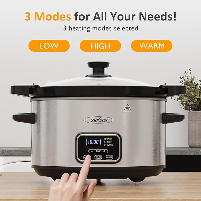 Sunvivi 4qt Slow Cooker, Programmable Slow Cooker with Locking Lid, Removable Ceramic Pot, 3 Heating Settings & Time Control, Mini Food Warmer with Dishwasher-safe Lid & Pot, Silver