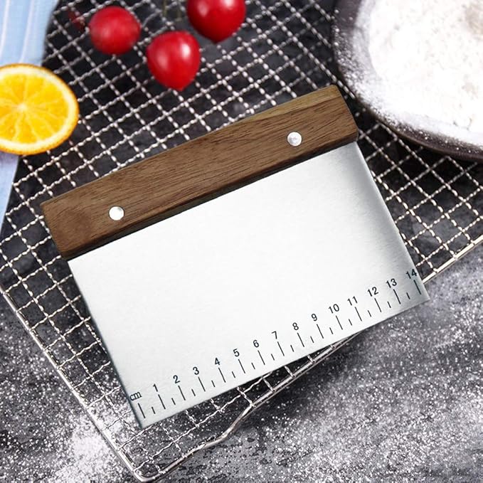 Stainless Steel Pastry Scraper - Dough Bench Scraper Bread Cutter Chopper with Non-Slip Wooden Handle and Measuring Scales for Kitchen