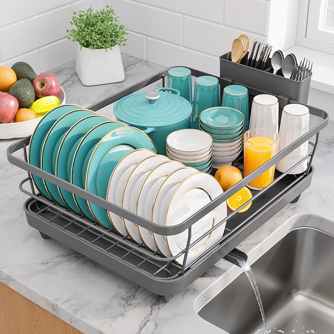 Stainless Steel Dish Drying Rack for Kitchen Counter, Sink Organization and Storage Essentials with Silverware & Utensil Holder, Home and Apartment Decor, 12''W x 15.6''L, Gray