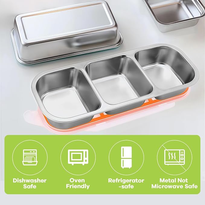 3 Pack Bento Box, Stainless Steel Snack Containers With Lids, Leak Proof Metal Lunch Box with 3 Compartments, Stackable Food Storage Container for Work, Travel, Dishwasher Safe