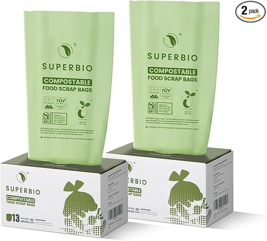 SUPERBIO 13 Gallon Flat Top Compostable Food Waste Bags, 50 Count, 2 Pack, 49.2L, 0.87 Mil, ASTM D6400 BPI and OK compost INDUSTRIAL