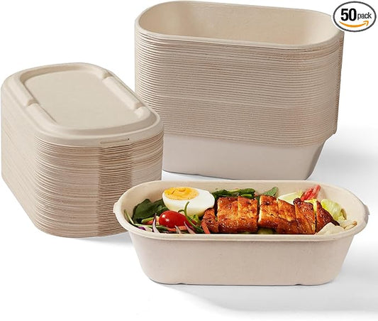 [100% Eco-Friendly] 34 oz Disposable Food Containers with Lids – Sugarcane Pulp Take Out Containers, Biodegradable Lunch Box, Compostable and Microwave Safe To-Go Boxes for Meal Prep – Pack of 50