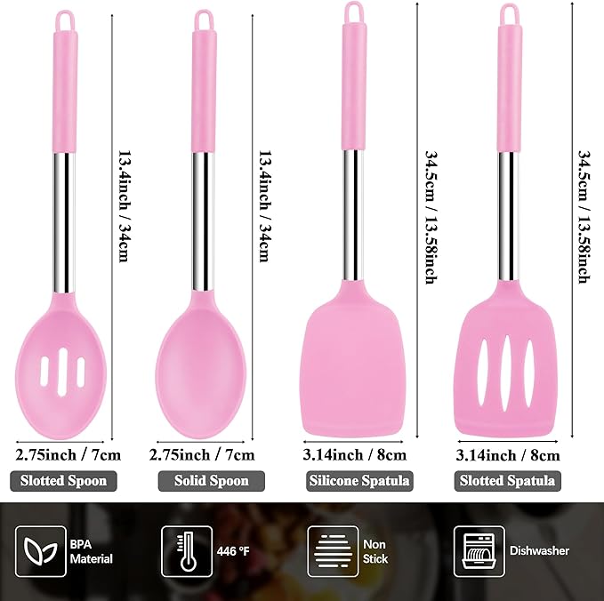 Silicone Spatula Spoon Set, 4 PCS Silicone Cooking Utensils Spatula Spoon Set with Stainless Steel Handle, BPA Free Kitchen Turners for Frying, Mixing, Serving, Draining, Turning, Stirring, Pink