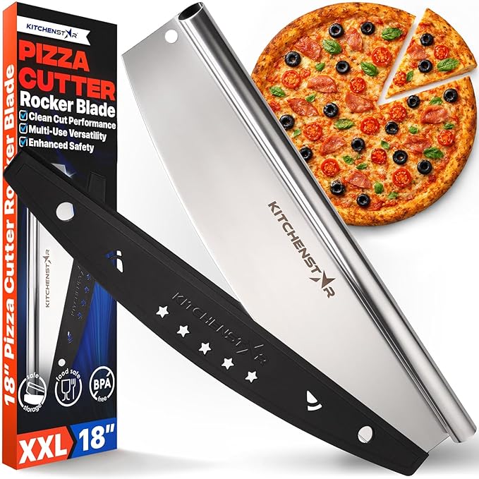 KitchenStar 18-Inch Pizza Cutter Rocker Blade - Sharp Stainless Steel Slicer Knife, Protective Cover, Dishwasher Safe, Extra Large - Commercial Pizza Oven Accessories