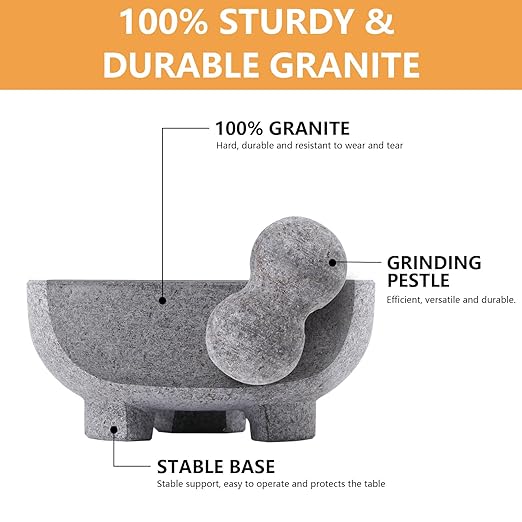 WhiteRhino Mortar and Pestle Set, 4 Cup Natural Unpolished Granite Molcajete Mexicano, 8-in Extra Large Guacamole Bowl, Motar Pestel Stone Grinder for Guacamole, Salsa, Spices, Herbs, Seasonings
