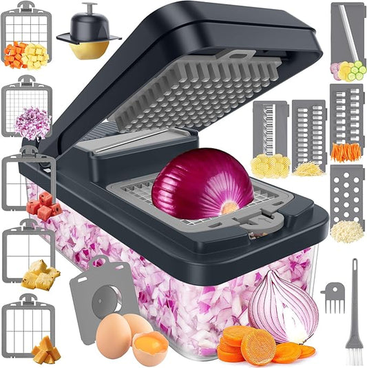 15-in-1 Vegetable Chopper, Kitchen Gadgets with 10 Blades, Veggie, Food, Onion Chopper, Cucumber Slicer, Versatile Mandoline, Includes Egg Separator & Finger Guard, Gray