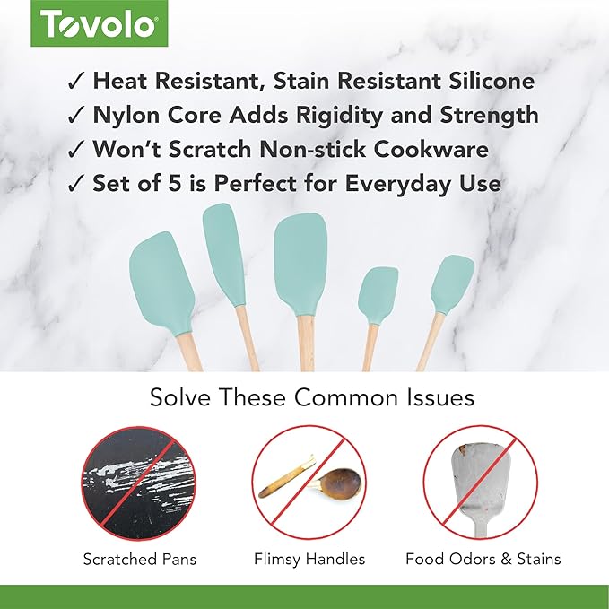 Tovolo Silicone Spatula with Wooden Handle Set of 5 Piece Silicone Kitchen Utensil Set Spoonula Jar Scraper Mini Spatula and Spoonula for Cooking Baking Mixing Folding Aqua Seafoam Green