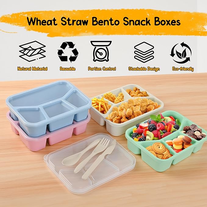 Bento Lunch Box, 4 Compartments Meal Prep Containers, 4 Pack Reusable Snack Containers, Divided Food Storage Container for Adults (Pink Beige Green Blue)