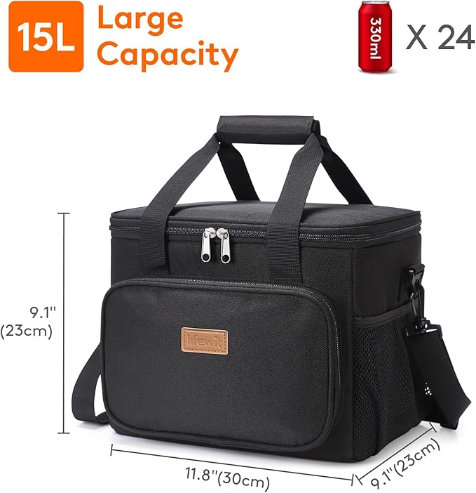 Lifewit Large Lunch Bag Insulated Lunch Box Soft Cooler Cooling Tote for Adult Men Women, Black 24-Can (15L)