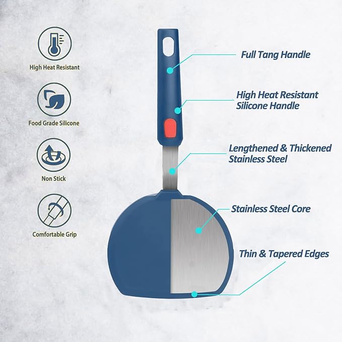 Silicone Spatula,Heat Resistant Kitchen Utensils for Nonstick Cookware, Spatulas Turner with Seamless Thin Edges for Pancakes, Eggs, Fish (Half-Round blue)