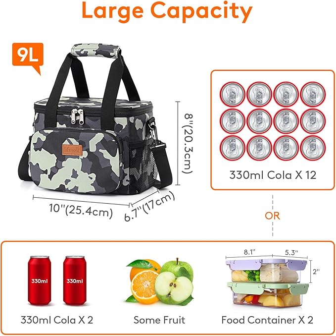 Lifewit Medium Lunch Bag Insulated Lunch Box Soft Cooler Cooling Tote for Adult Men Women, Camouflage 12-Can (9L)