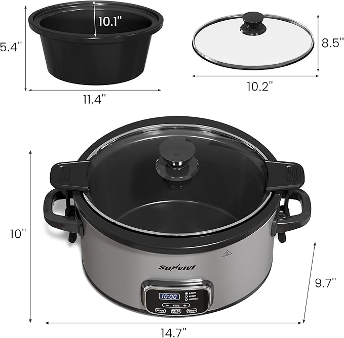 Sunvivi 4QT Slow Cooker, Programmable Pot with Locking Lid, Removable Ceramic Pot, 3 Heating Settings & Time Control,Dishwasher-safe Lid, Grey
