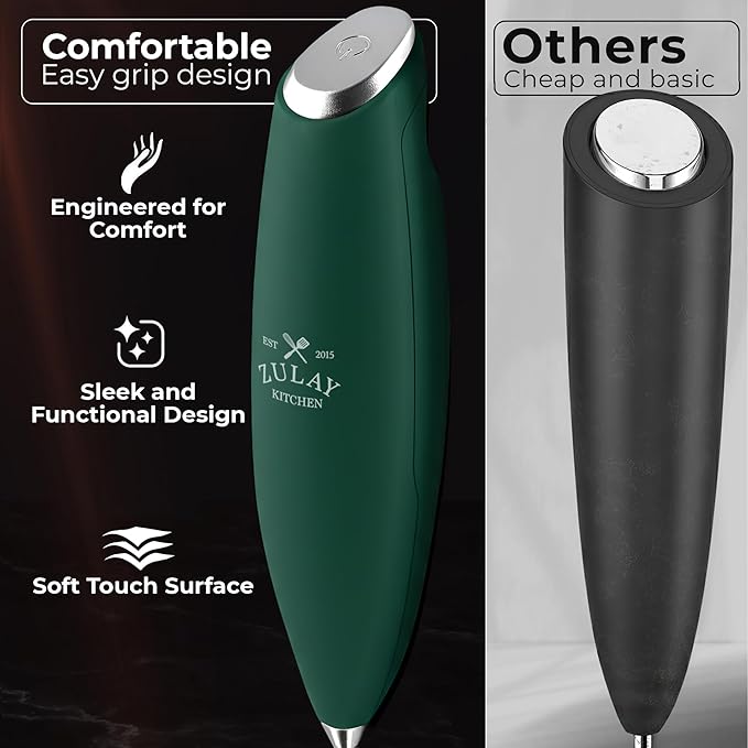 Zulay Kitchen Patented Tornado Triple Whisk Milk Frother with 4 Duracell Batteries – Handheld Foam Maker for Coffee, Lattes, Matcha & Hot Chocolate – Rich, Creamy Froth in Seconds