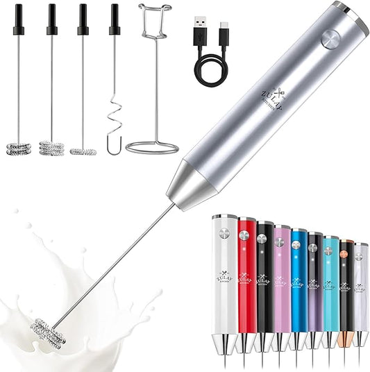 Zulay Kitchen Rechargeable Milk Frother Handheld - Lux 4 Whisks, Powerful 2-Speed Motor, Waterproof, 2000mAh Battery - Drink Mixer for Latte, Cappuccino, Matcha & Protein Powder - Silver