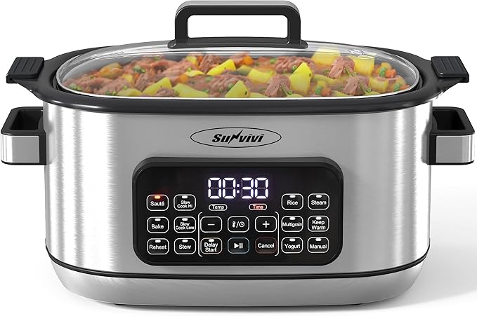 Sunvivi 12-in-1 Multi Slow Cooker Roaster Oven, 6.5QT Sliver Digital Programmable Slow Cooker with Rack, Large Removable Nonstick Crock, Glass Lid, Multicooker with Timer Temp Control, Delay Start