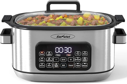 Sunvivi 12-in-1 Multi Slow Cooker Roaster Oven, 6.5QT Sliver Digital Programmable Slow Cooker with Rack, Large Removable Nonstick Crock, Glass Lid, Multicooker with Timer Temp Control, Delay Start