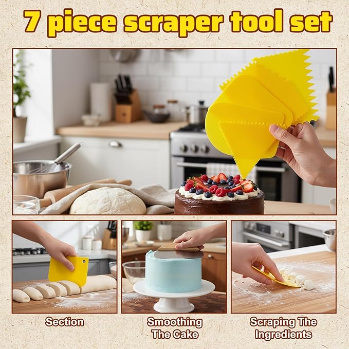 7pcs Bowl Scrapers for Bread - Dough Scraper Set, Bench Scrapers, Doughs Cutter - Yellow & Wood, Stainless Steel & Plastic