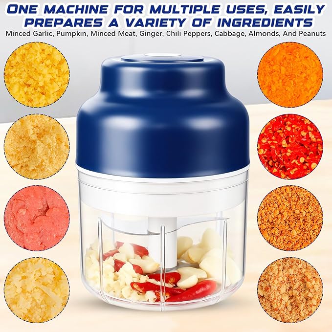 2026 Upgrade Electric Garlic Chopper Mini, Small Garlic Chopper Mincer Rechargeable, 250ml Portable Small Food Processor, Electric Food Chopper Tool for Mashing Onion Garlic Chili Ginger Fruits(Blue)