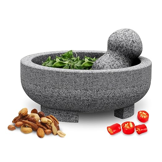 Unpolished Granite Mortar and Pestle - Molcajete Mexican Mortarl,7.8 Inch 4 Cup Manual Stone Grinder,Family Day Salsa,Guacamole,Spice Grinder
