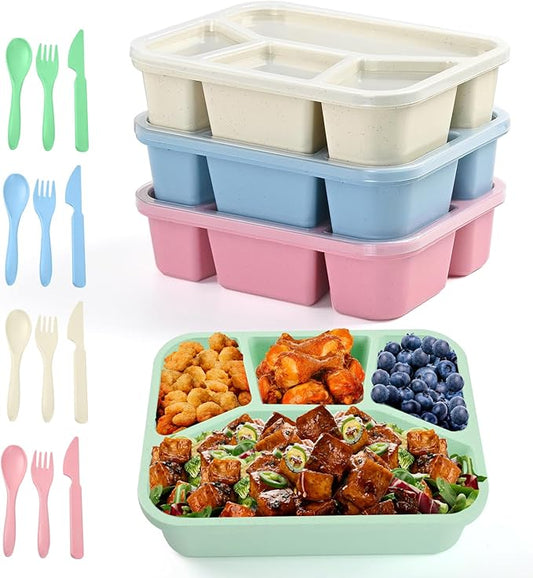 Bento Lunch Box, 4 Compartments Meal Prep Containers, 4 Pack Reusable Snack Containers, Divided Food Storage Container for Adults (Pink Beige Green Blue)
