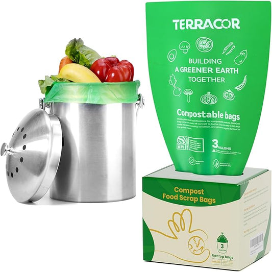 3 Gallon Compostable Food Scrap Bags, 100 Bags Compost Bags for Countertop Bin, BPI Certified and Meet The ASTM D6400 Standard