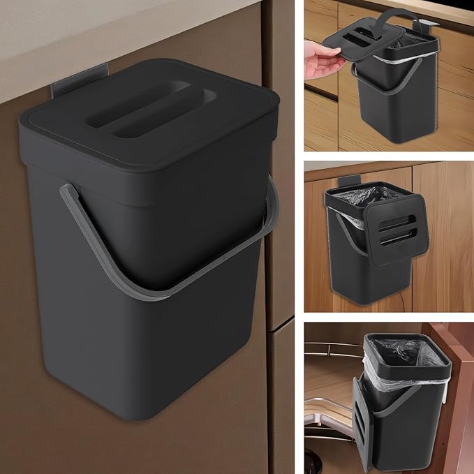 Compost Bin Kitchen, Includes 100 Trash Bags, Hanging Trash Can with Lid, Features Pet-Proof, Odor-Proof, and Quiet Opening/Closing. Suitable for Bathrooms/Bedrooms/Offices (Black, 0.8Gal/3L)