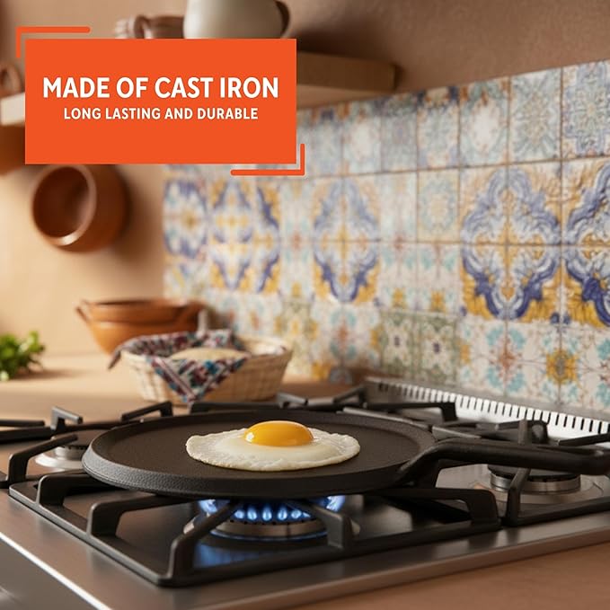 IMUSA 9.5in Preseasoned Cast Iron Comal for Tortillas, Arepas, Quesadillas, Heating & Searing, Heavy-Duty Flat Griddle