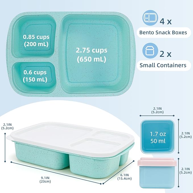 Caperci Bento Lunch Box Containers for Adults & Kids - 3-Compartment Reusable Meal Prep Containers with 2 Sauce Containers for School, Work, Travel, Wheat Straw, 4-Pack (Vintage Colors)