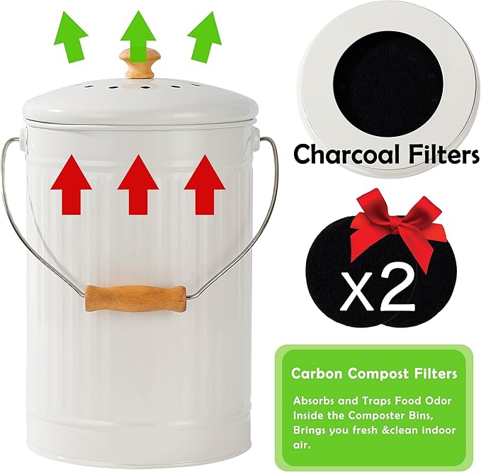 1.7 Gallon Kitchen Compost Bin, Indoor Countertop Compost Bin with Lid, 100% Rust Proof Compost Bucket with Non-Smell Charcoal Filters (White)